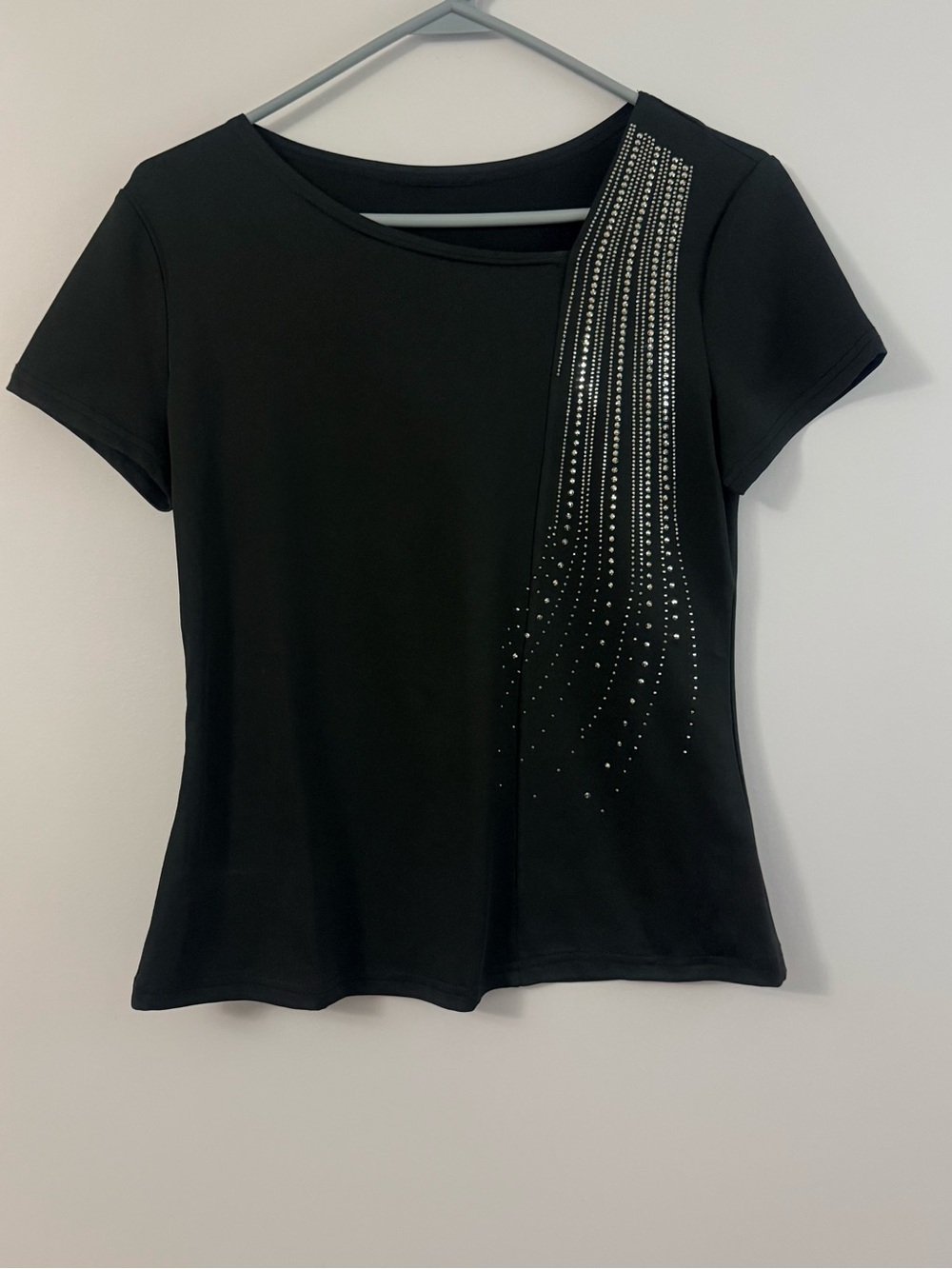 Black Short-Sleeve Top with Rhinestone Cascade